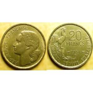  Very Fine 1951 B French 20 Francs 