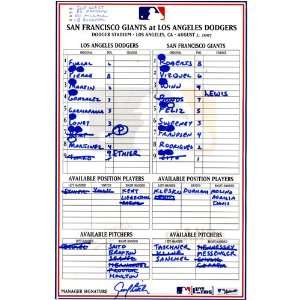  Giants at Dodgers Game Used Lineup Card 8 02 2007 Sports 
