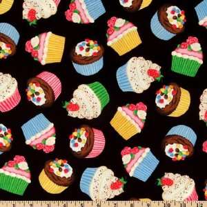  44 Wide Cupcakes Tossed Black Fabric By The Yard: Arts 
