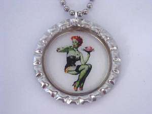 ZOMBIE PIN UP GIRL W/ BRAINS BOTTLE CAP NECKLACE NEW!  