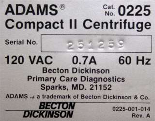 Clay Adams Becton Dickinson 0225 Compact II Centrifuge  