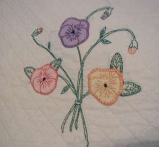 Antique Handmade Vintage QUILT Green Trim Hand Stitched Flower Panels 
