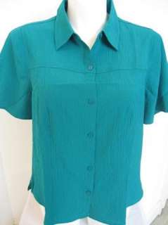 NWOT CJ Banks Short Slv Crinkle Button Dwn Blouse Teal  