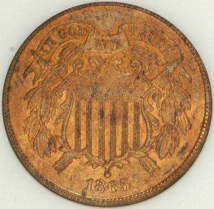 1865 2c ANACS MS 64 RED ~ NEAR GEM COPPER TWO CENT PIECE  