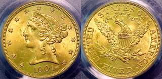 PCGS MS62 CERTIFIED 1901 S CORONET HEAD HALF EAGLE $5 DOLLAR U.S GOLD 
