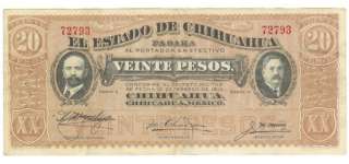 Mexico, El Estado de Chihuahua state 1914 20 Pesos; VF  