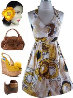 50s Style YELLOW Graphic Floral HALTER Pinup Sun Dress  