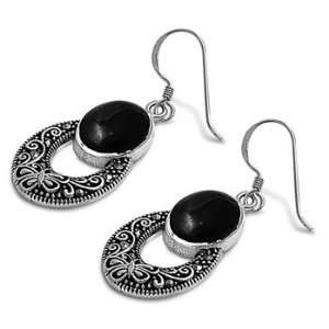   Silver Earrings Black Onyx, Marcasite Fish Wire Earring: Jewelry