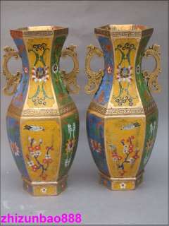 14China Bronze gold Cloisonne Carved flower BIRD Vase PAIR  