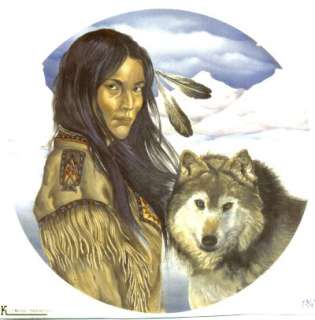Native American Indian Woman Wolf 7 3/4 Ceramic Decal  