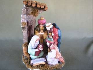 Ceramic Nativity Scene with Wood & Moss Accents, Unique  