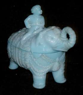 Original VALLERYSTHAL BLUE Milk Glass ELEPHANT RIDER BUTTER DISH 19 