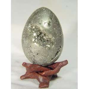 Iron pyrite lapidary egg and wood stand