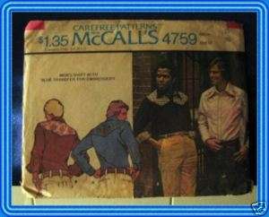 McCalls Mens Shirt Pattern 1975 w/embroidery transfer  