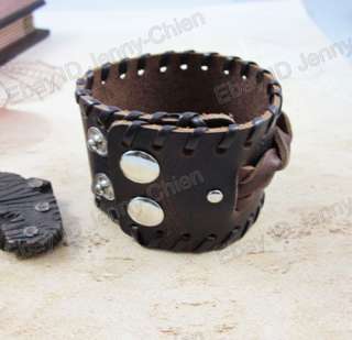 Mens PUNK Knit Coffee Leather Bracelet Wristband  