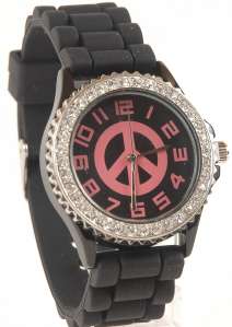Geneva Black Peace Sign Silicone Jelly Watch Large Face  