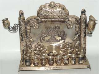 ANTIQUE STERLING SILVER FOOTED MENORAH EMBOSSED LIONS OLD JUDAICA 