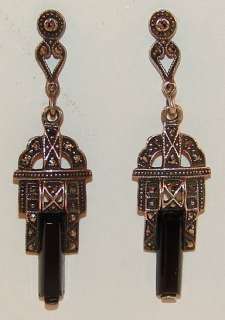 AUTHENTIC Art Deco Sterling Silver Onyx & Marcasite Dangle Earrings 