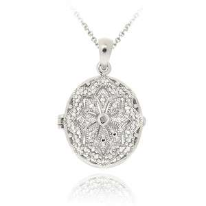 925 Silver Diamond Accent Filigree Oval Locket Necklace, 18  