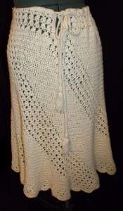  60s 70s Crochet Knit Ivory M L 30W Off White Hippie Skirt  