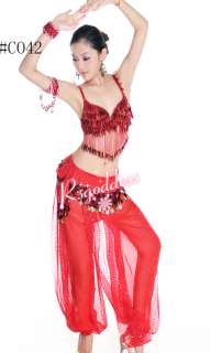 New Red belly dance costume 3 pics bra&belt&pants  