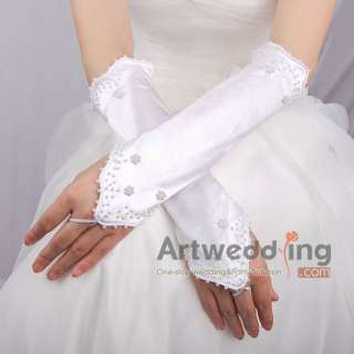 White HI Q Satin Pearl Wedding Party Bridal Elbow Fingerless Gloves 