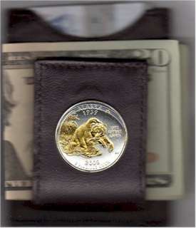 Gold on Silver Alaska Statehood Quarter in a Leather Money Clip  