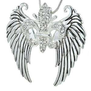  Fleur De Lis Angel Wings Enhancer Pendant Silver Tone with 