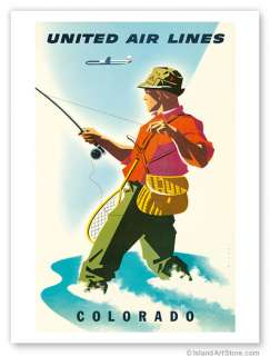 Vintage Travel Poster United Airlines COLORADO Fishing  