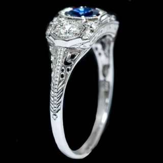   VINTAGE ART DECO 3 STONE ROYAL BLUE SAPPHIRE DIAMOND RING WHITE GOLD