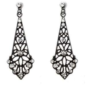  & Clear Crystal Drop   Antique Silver Costume Earrings Jewelry