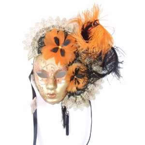  Orange Volto Piuma Ventaglio Venetian Masquerade Mask 
