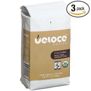Veloce Coffee Colombian, Whole Bean, 12 Ounce Bags (Pack of 3)