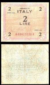 Italy 2 Lire WW II ALLIED MILITARY CURRENCY 1943 A68615338A  