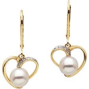  14K Yellow Gold Cultured Pearl and Diamond Heart Earrings 