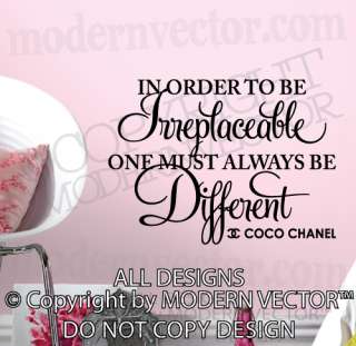 Coco Chanel Quote Vinyl Wall Decal Lettering TO BE IRREPLACEABLE 