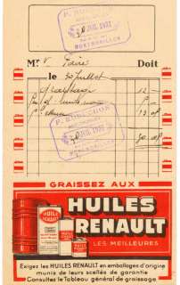 LETTERHEAD BILLHEAD FRENCH 1937 HUILES RENAULT AUTO OIL  