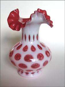 Fenton Glass Cranberry Opalescent Coin Dot Ruffled Vase  