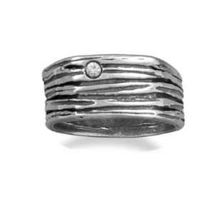 Wide Band Ring with CZ Textured Stacked Look Antique Finish Sterling 