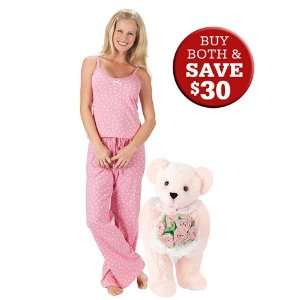 15 Pink Rose Bouquet Bear and XL Oh So Soft Pink Polka Dot Cami PJs 