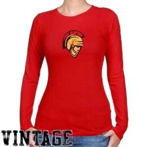   Warriors Ladies Red Distressed Logo Vintage Long Sleeve Slim Fit T