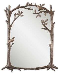 Arched Wall Mirror Silver Trees Branches Leaves Birds  