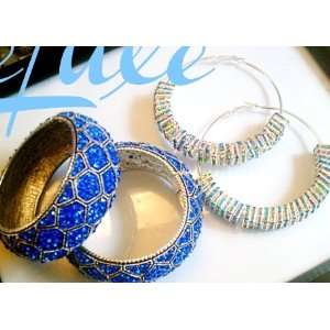 Electric Blue Pave Bangles and Multi Colore Crystal Squares Hoop 