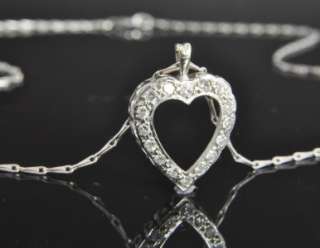   Vintage 14K White Gold Diamond Open Heart Charm Pendant Chain Necklace