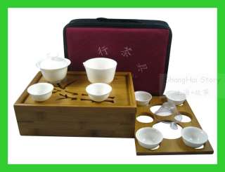 Travellers Bamboo Sliding Cover Box Tea Table Serving Tray&Porcelain 