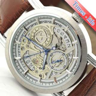 Men Automatic Date Skeleton Mechanical Wrist Watch Brown Leather Gift 