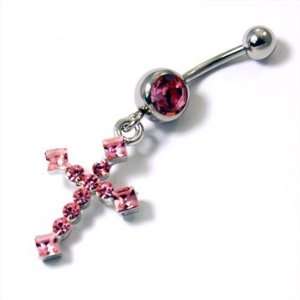   Ice Crystal Pointed Cross Charm Belly/Navel Ring Silver Tone: Jewelry