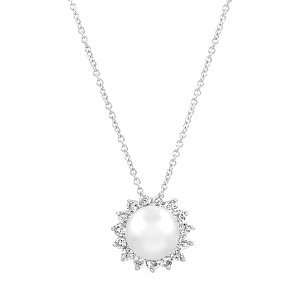 Emitations Odiles Pearl And CZ Pendant Bridal Necklace, Silver Tone 