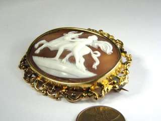   15K GOLD CARVED SHELL CAMEO THESEUS AND THE BULL PIN c1870  