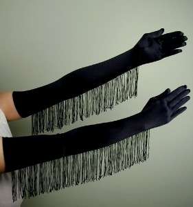 OPERA LONG Length Stretch SATIN Gloves w/ FRINGE BLACK  